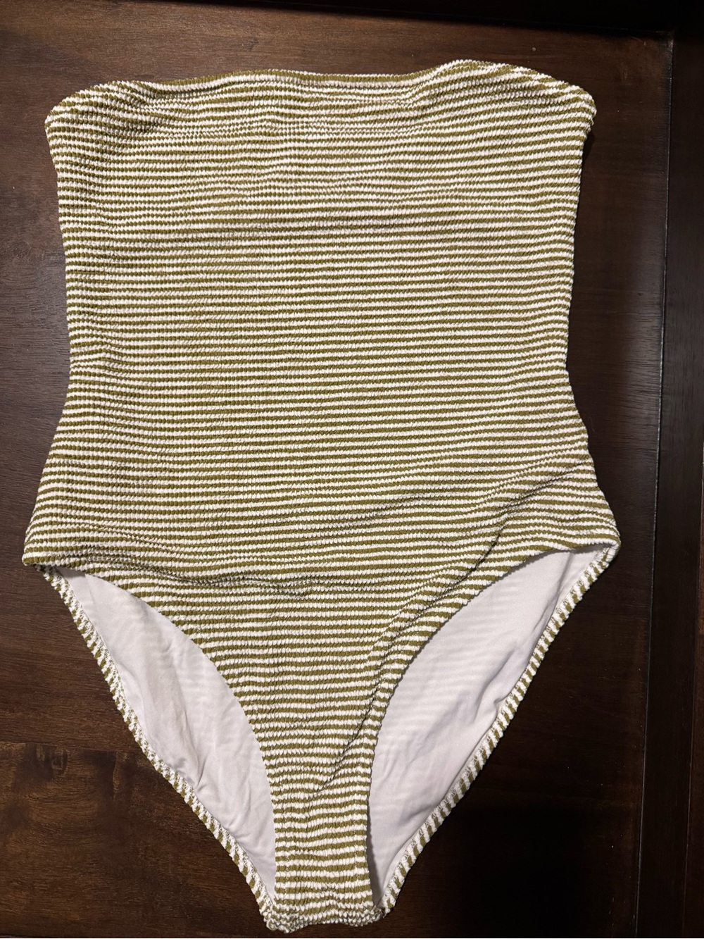 Striped Olive & White Strapless One-Piece Swimsuit